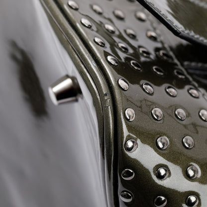 Burberry Green Quilted Patent Leather Studded Lowry Bag