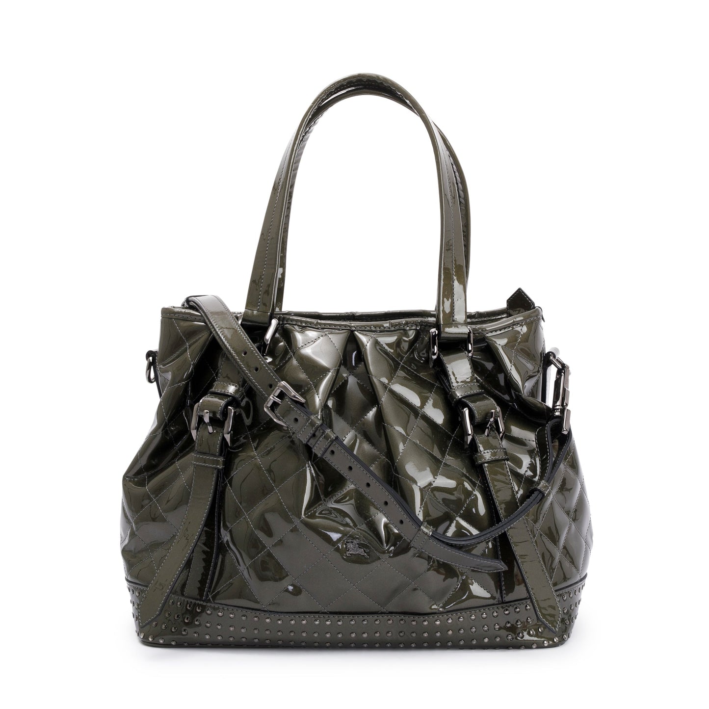 Burberry Green Quilted Patent Leather Studded Lowry Bag