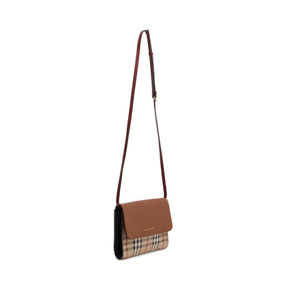 Burberry Haymarket Check Brown Leather Trimmed Small Loxley Crossbody Bag