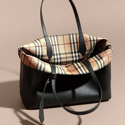 BURBERRY HAYMARKET CHECK LAVENBY BLACK MEDIUM REVERSIBLE TOTE BAG