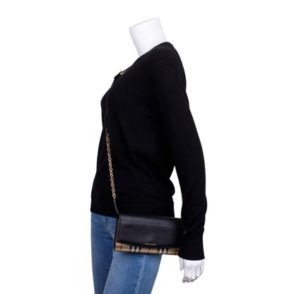 Burberry House Check Black Calfskin Leather Henley Wallet on Chain