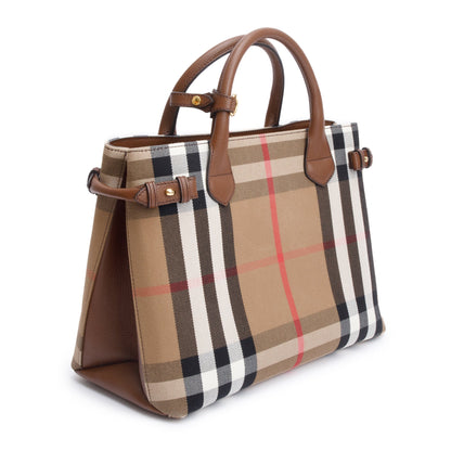 Burberry House Check Brown Leather Trim Medium Banner Tote
