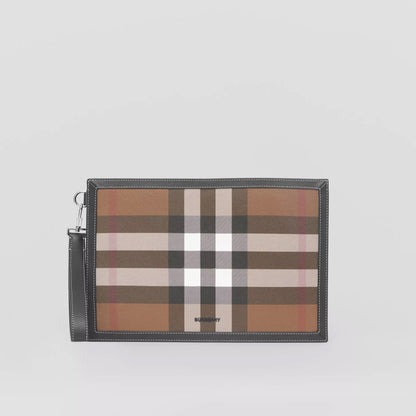 BURBERRY HOUSE CHECK & LEATHER ZIP POUCH CLUTCH