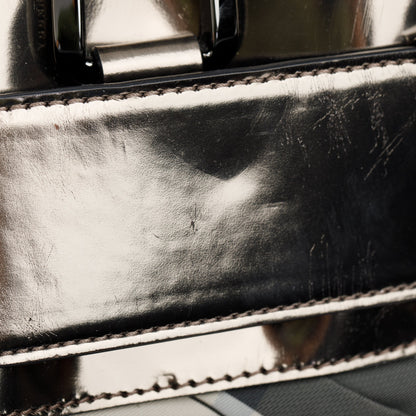 Burberry Metallic Grey Patent Leather Trim Beat Check Nylon Easton Landscape Bag