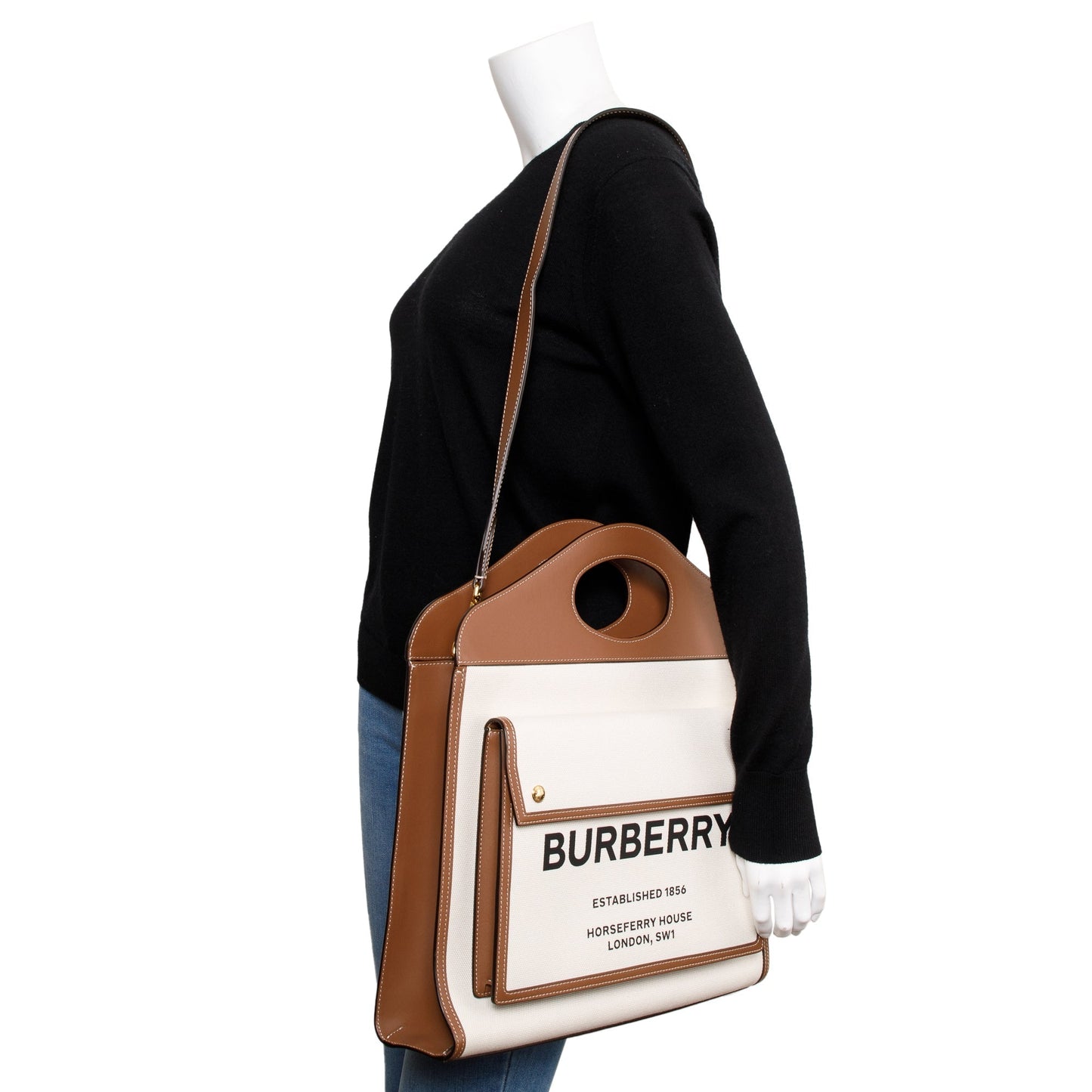 Burberry Neutral Canvas and Brown Leather Medium Pocket Bag