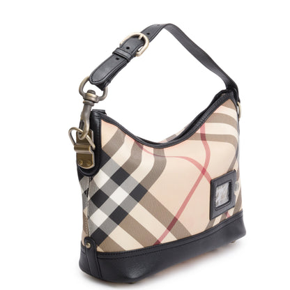 Burberry Nova Check Canvas Black Leather Trim Hobo Bag