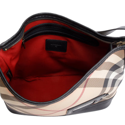 Burberry Nova Check Canvas Black Leather Trim Hobo Bag