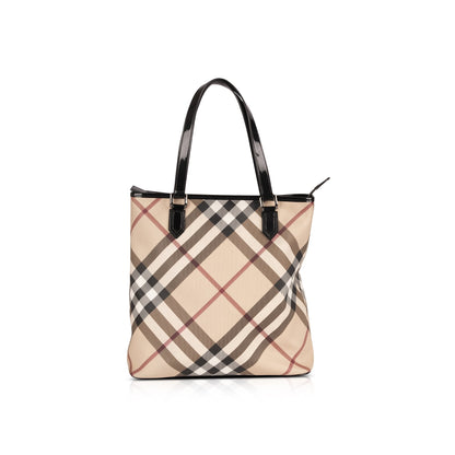 Burberry Patent Leather-Trimmed Nova Check Tote