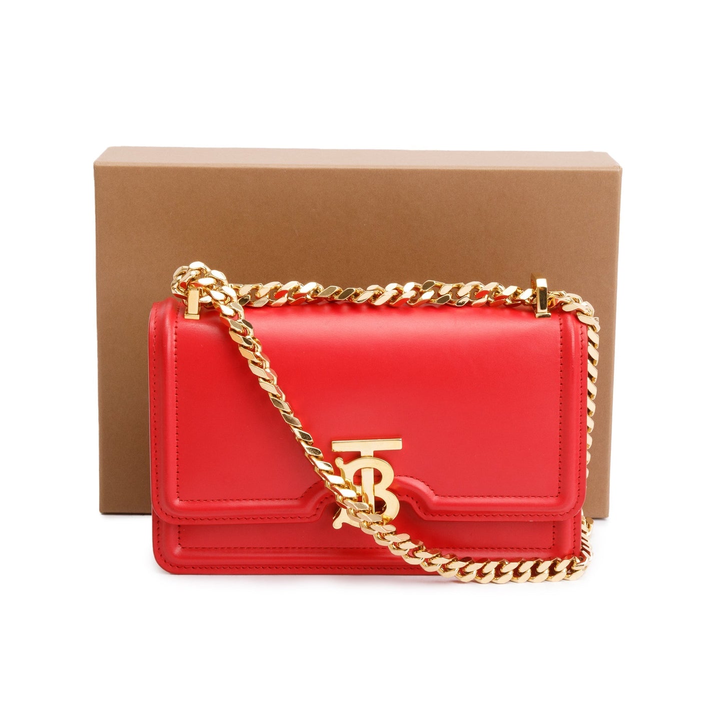 Burberry Red Smooth Calfskin Leather Mini TB Chain Crossbody Bag