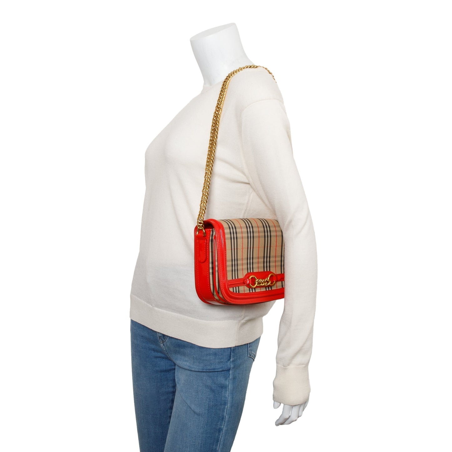 Burberry Vintage 1983 Knight Check Canvas Red Patent Leather Trinm Link Flap Shoulder Bag
