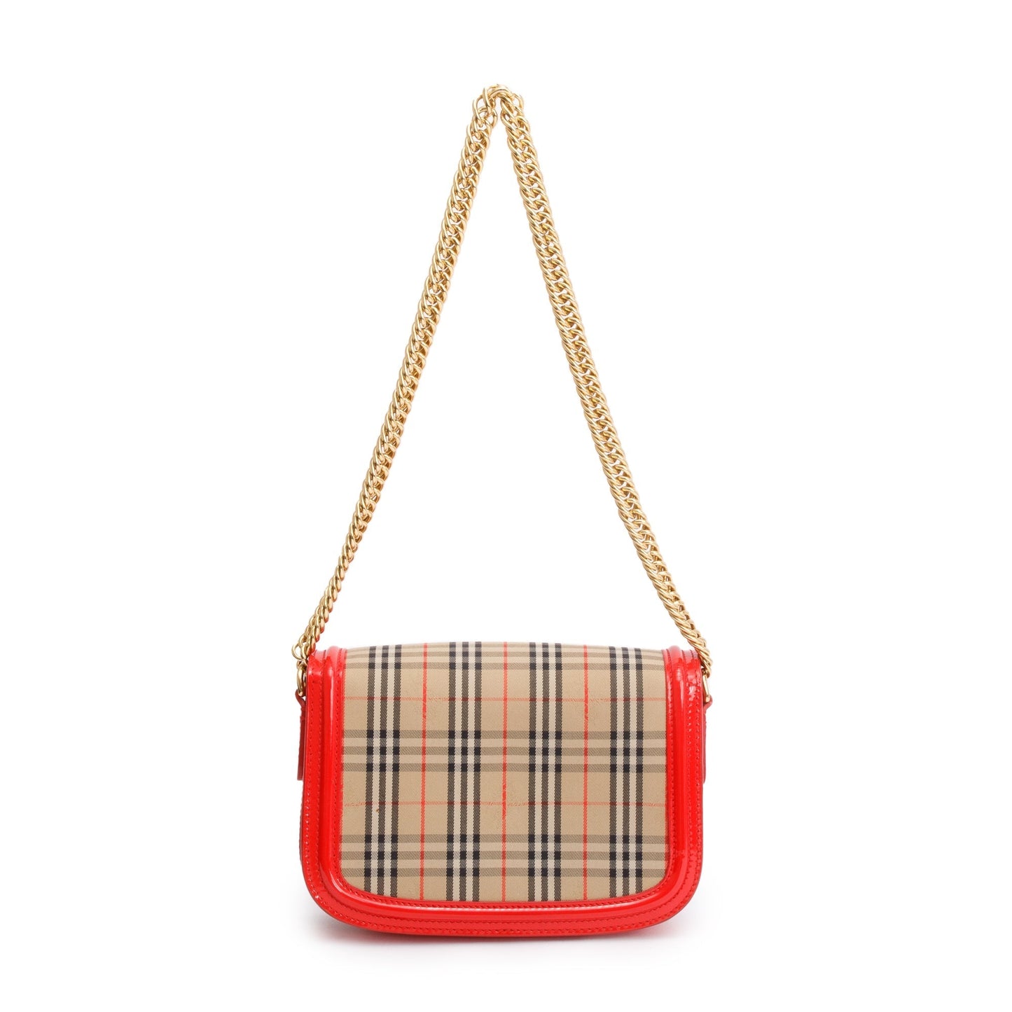 Burberry Vintage 1983 Knight Check Canvas Red Patent Leather Trinm Link Flap Shoulder Bag