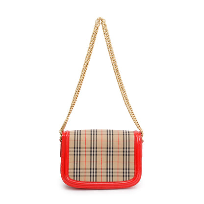 Burberry Vintage 1983 Knight Check Canvas Red Patent Leather Trinm Link Flap Shoulder Bag
