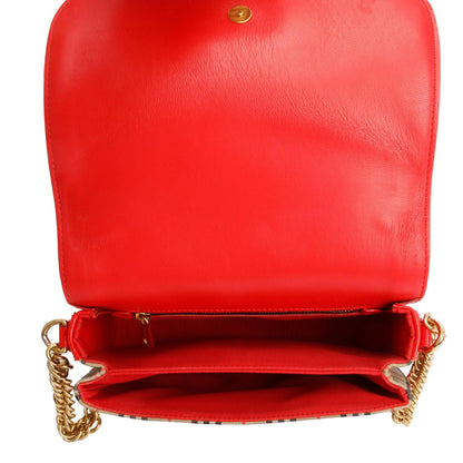 Burberry Vintage 1983 Knight Check Canvas Red Patent Leather Trinm Link Flap Shoulder Bag