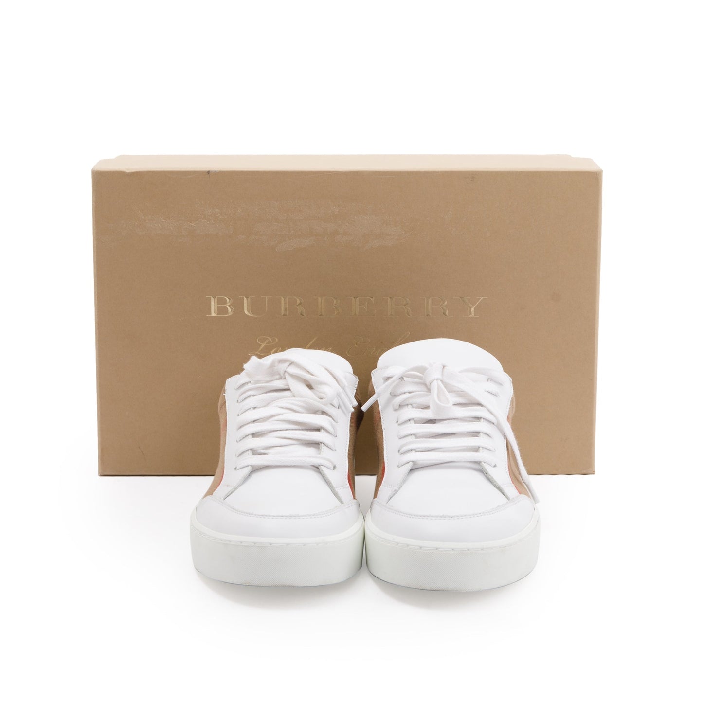 Burberry White House Check and Leather Low Top Sneakers, Size 41