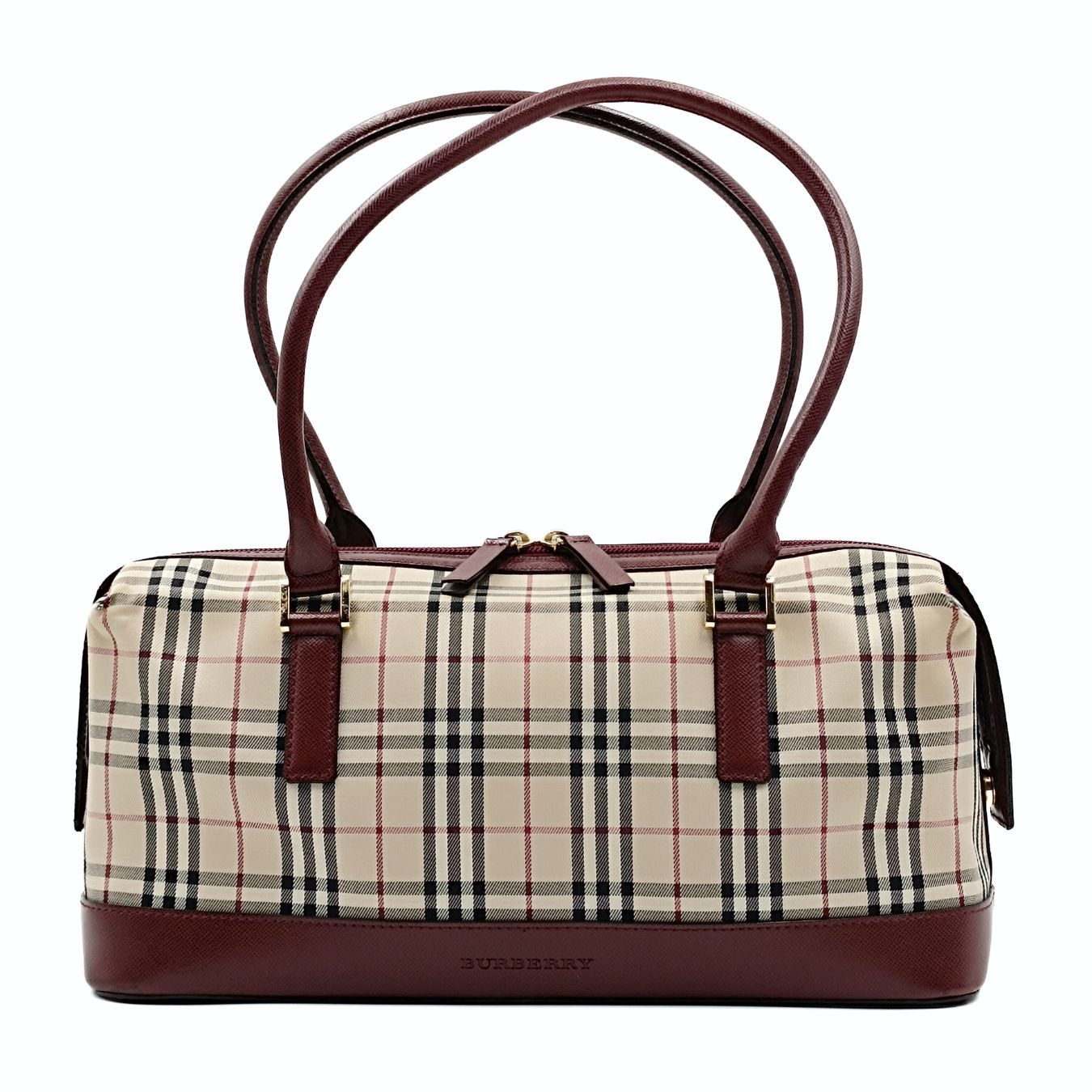 Luxury Burberry shoulder bag in burgundy check canvas and leather