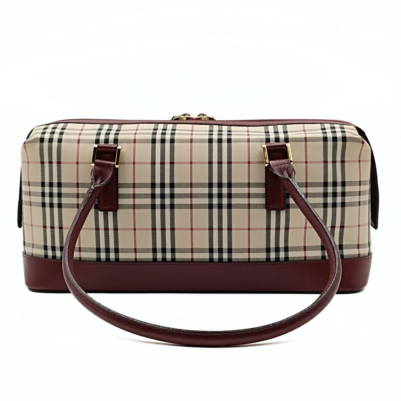 Luxury Burberry shoulder bag in burgundy check canvas and leather