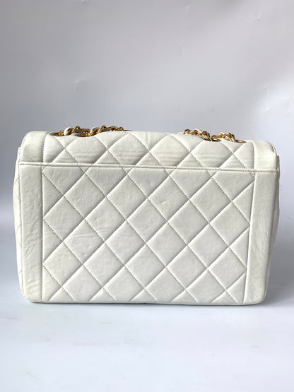 Chanel Classic Flap 1996 White Leather 24k Gold Plated Giant CC Logo