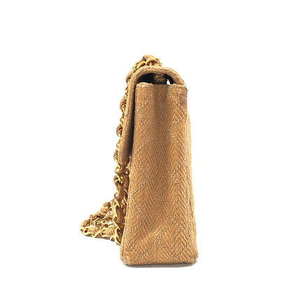 Chanel Vintage Classic Maxi Single Flap Brown Braided Raffia Canvas Diamond Stitch 24 Gold Hardware