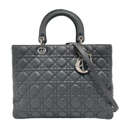 Lady Dior Large Dark Grey Lambskin Cannage Leather Silver Hardware