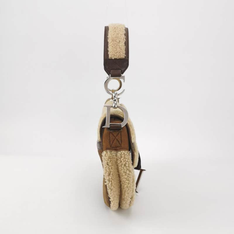 Dior Saddle Vintage Shoulder Bag Shearling Brown and While
