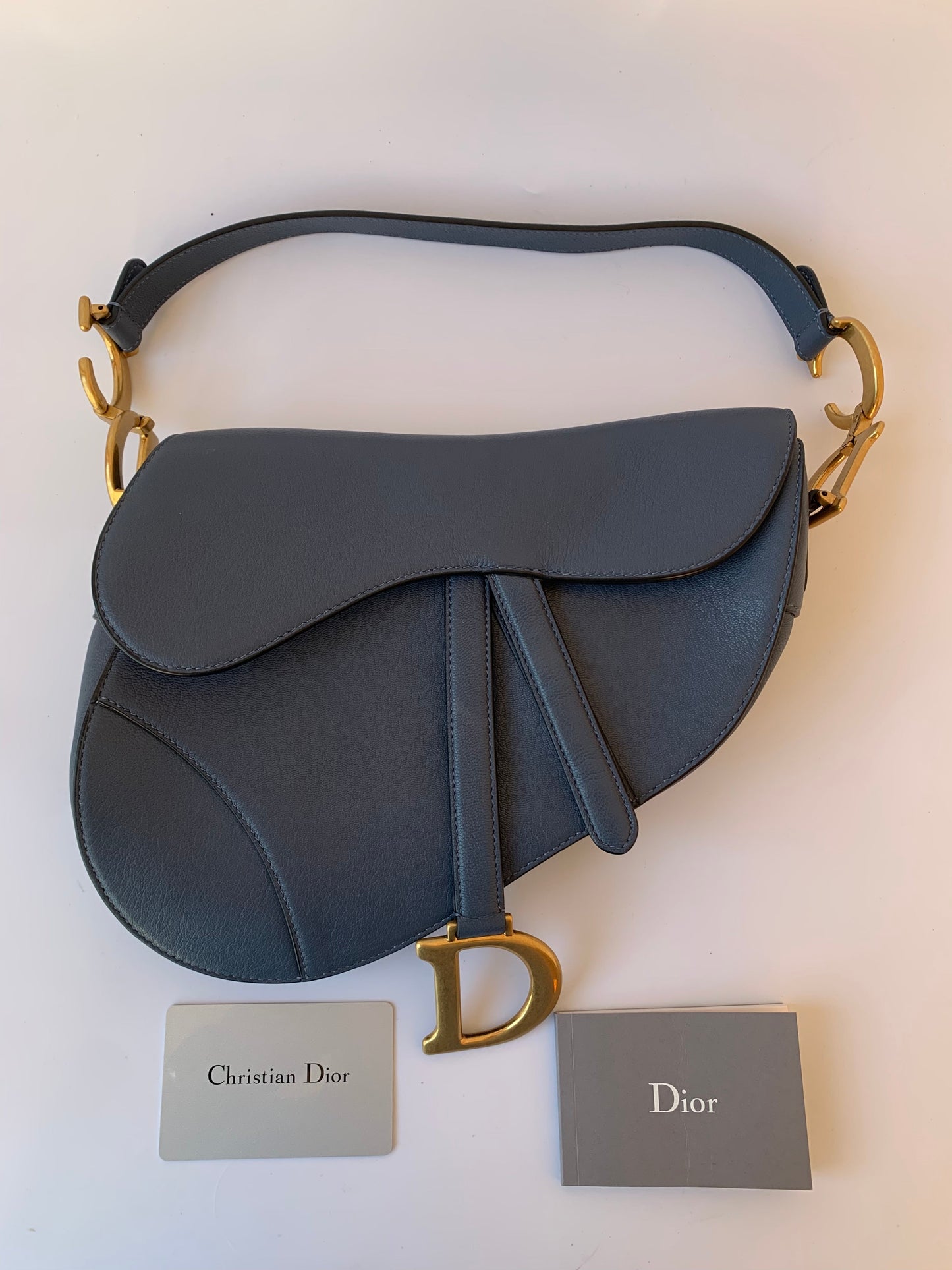 Dior Saddle Blue Grey Medium Leather Handbag