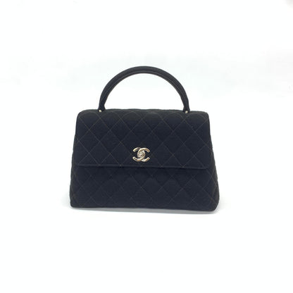 Chanel Vintage Top Handle Kelly Coco Handle Black Flap Bag Fabric Silver Hardware