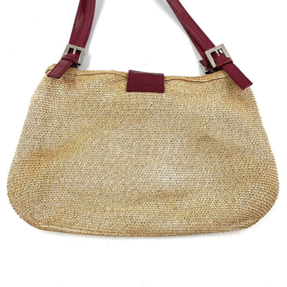 Fendi Mamma Baguette Raffia Straw Shoulder Bag Red Leather Strap