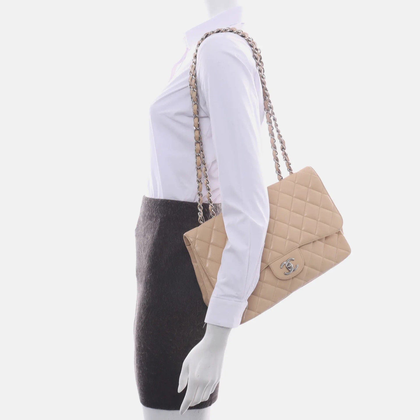 Chanel Classic Flap Jumbo 2010 Beige Caviar Leather Single Flap with Silver Hardware