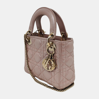 Lady Dior Mini Pearlescent Pink Lambskin Leather Gold HW Chain Strap