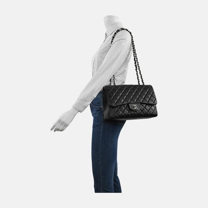 Chanel Classic Flap Jumbo Black Lambskin Leather Single Flap with Silver Hardware