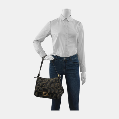 Fendi Mamma Baguette Brown Classic Zucca Monogram Gold Hardware