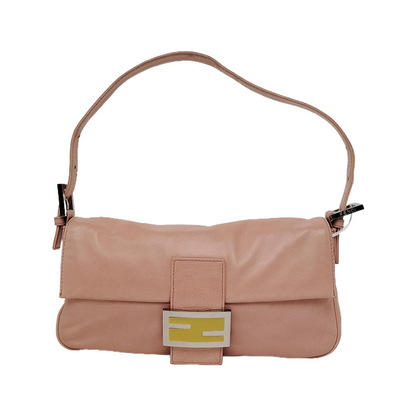FENDI Baguette Vintage Pink Lambskin Leather Shoulder Bag Silver Hardware