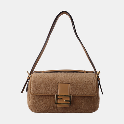 Fendi Baguette Medium Double Sided Shearling Light Beige Brown Shoulder Bag