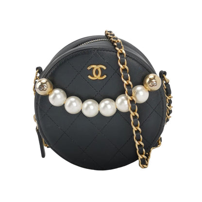 Chanel Round Black Lambskin Leather Crossbody Bag with Matelasse Chain and Pearls