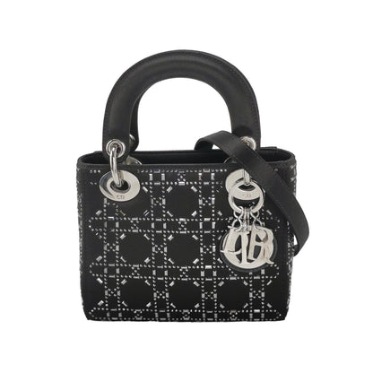 Lady Dior Mini Black Silk with Crystals Silver Hardware