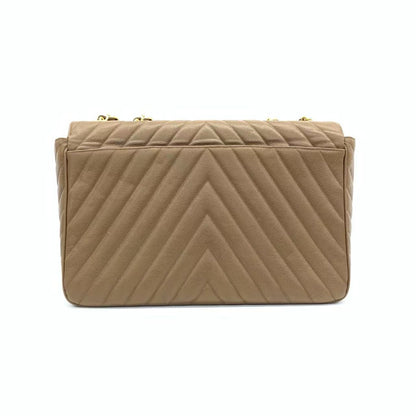 Chanel Vintage Classic Maxi Single Flap Taupe Brown Caviar Chevron Stitch 24 Gold Hardware
