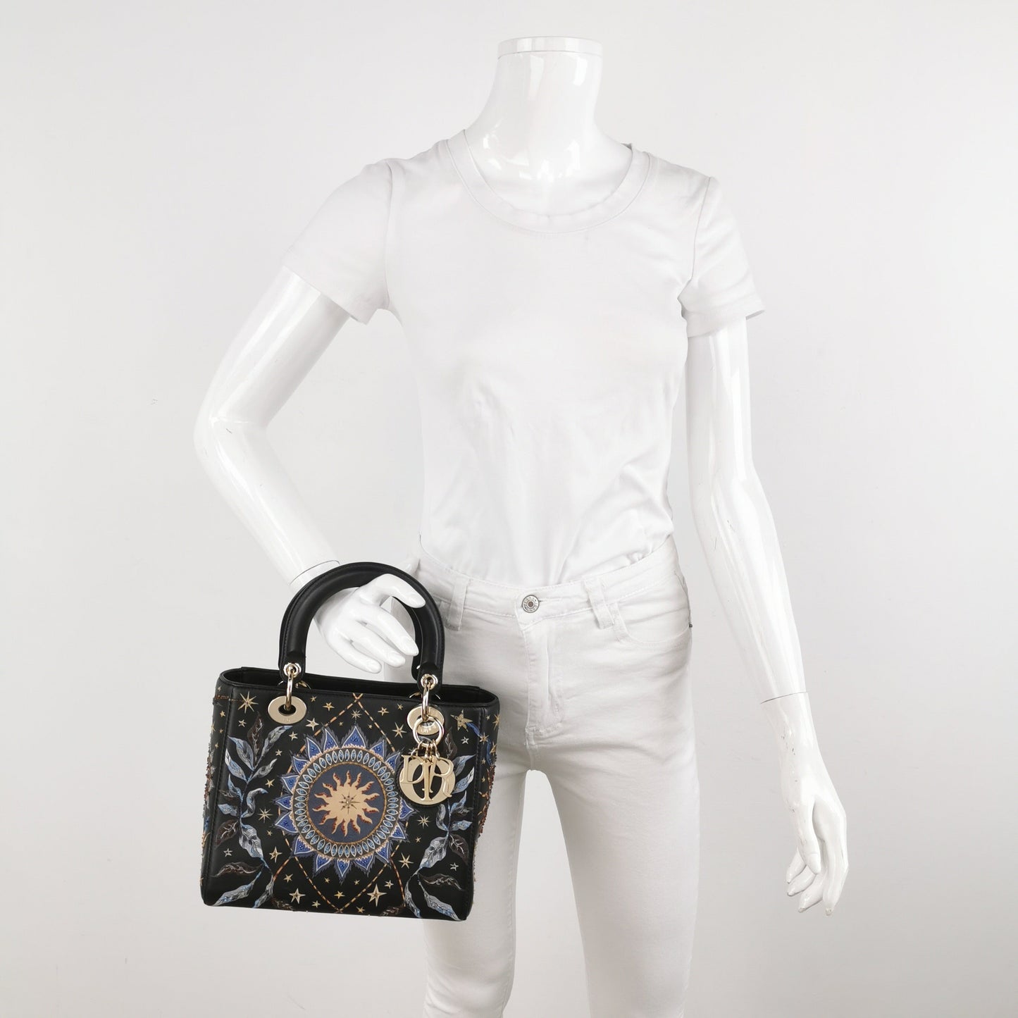 Lady Dior Medium Nature Ballet Star Embroidery Handbag Black Calfskin Leather Gold Hardware