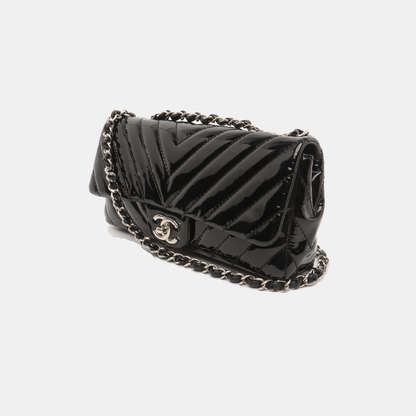 Chanel Baguette Flap Shoulder Bag Chevron Black Patent Leather Silver Double Chain
