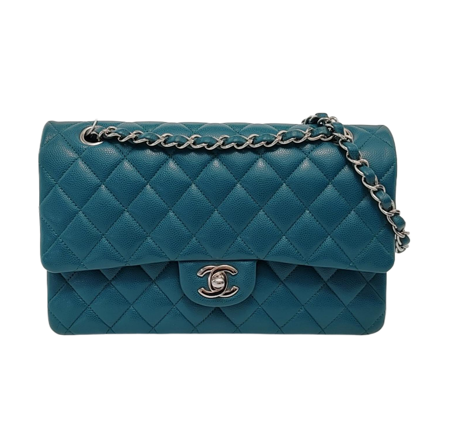 Chanel Classic Flap Medium Teal Green Caviar Leather with Silver Hardware