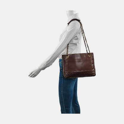 Chanel Vintage CC Logo Tote Bag Brown Calfskin Leather Double Gold Chain 1986-88