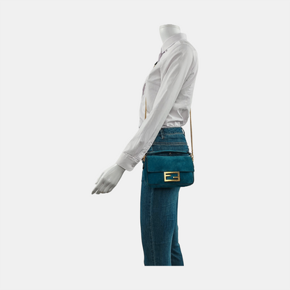 Fendi Baguette Mini Turquoise Blue Suede Gold Hardware Crossbody Bag
