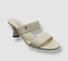 CHANEL CC FAUX PEARL EMBELLISHED HEEL MULE SANDALS
