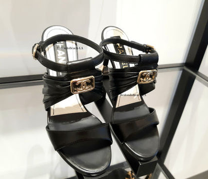 CHANEL CC LOGO LEATHER SLINGBACK SANDALS