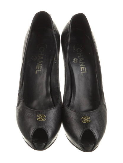 CHANEL CC CALFSKIN LEATHER PEEP TOE PUMPS