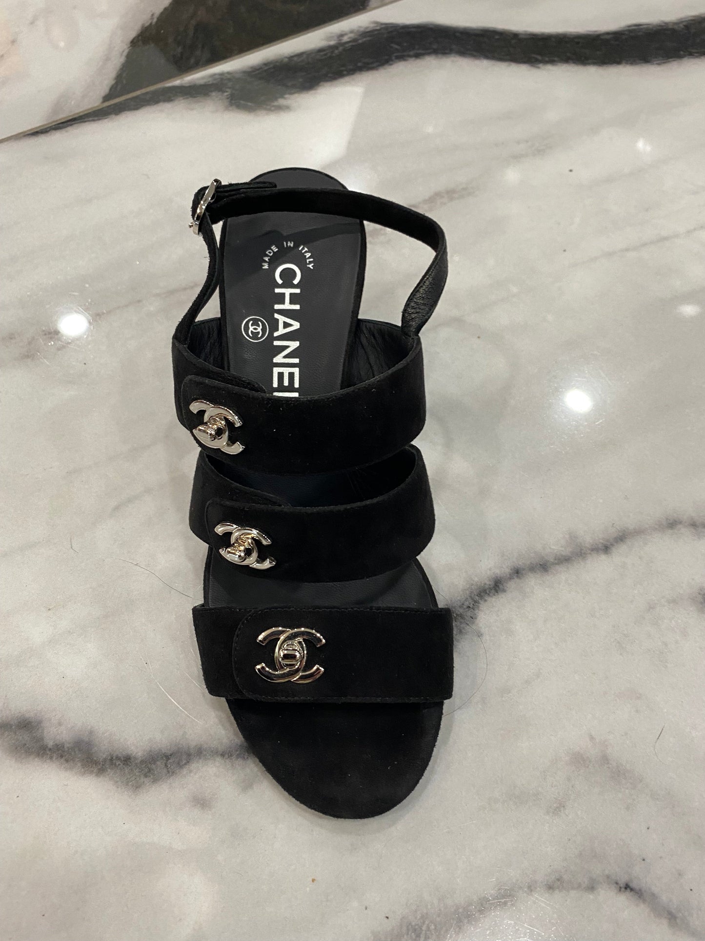CHANEL CC TURLOCK SUEDE SANDALS