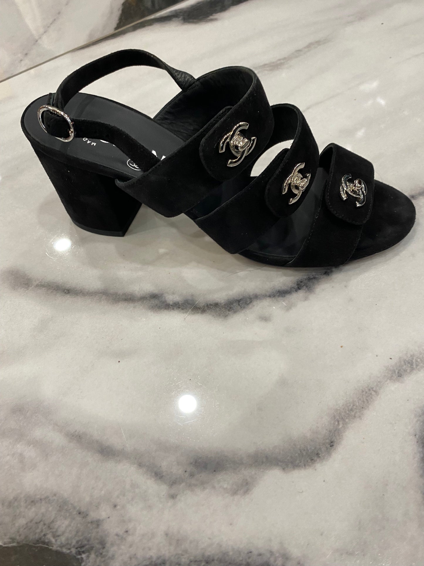 CHANEL CC TURLOCK SUEDE SANDALS