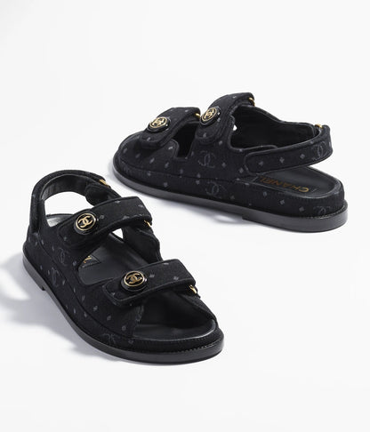 CHANEL CC VELCRO PRINTED DENIM SANDALS