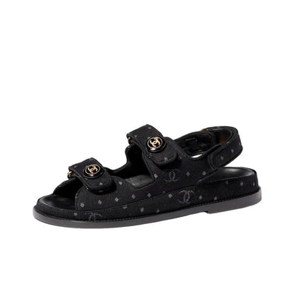 CHANEL CC VELCRO PRINTED DENIM SANDALS