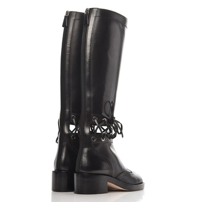 CHANEL CC CALFSKIN CROSS STITCH CUT OUT KNEE HIGH BOOTS
