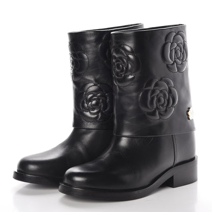CHANEL CAMELLIA LEATHER BOOTS